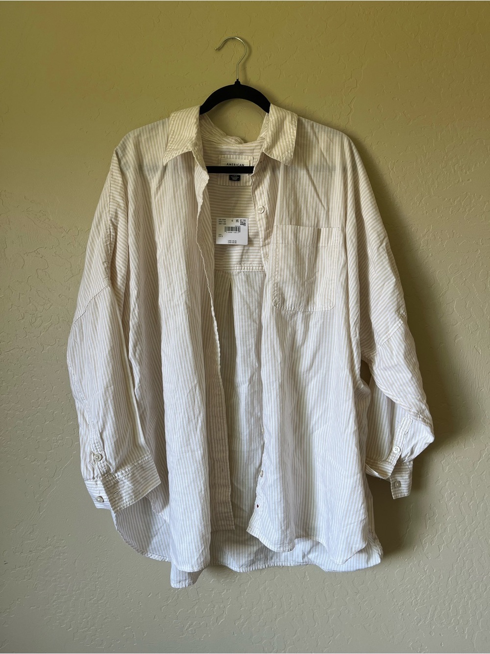 American Eagle Cream-White Striped Button-Up Shirt Jacket